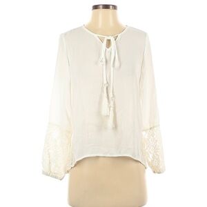 haoduoyi white Tie Front Top Embroidered Sleeves boho
